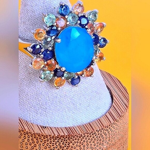 925 Sterling Silver Ring Sz 6.75 with Natural Blue Opal & Multi-Color Sapphire - Picture 2 of 11